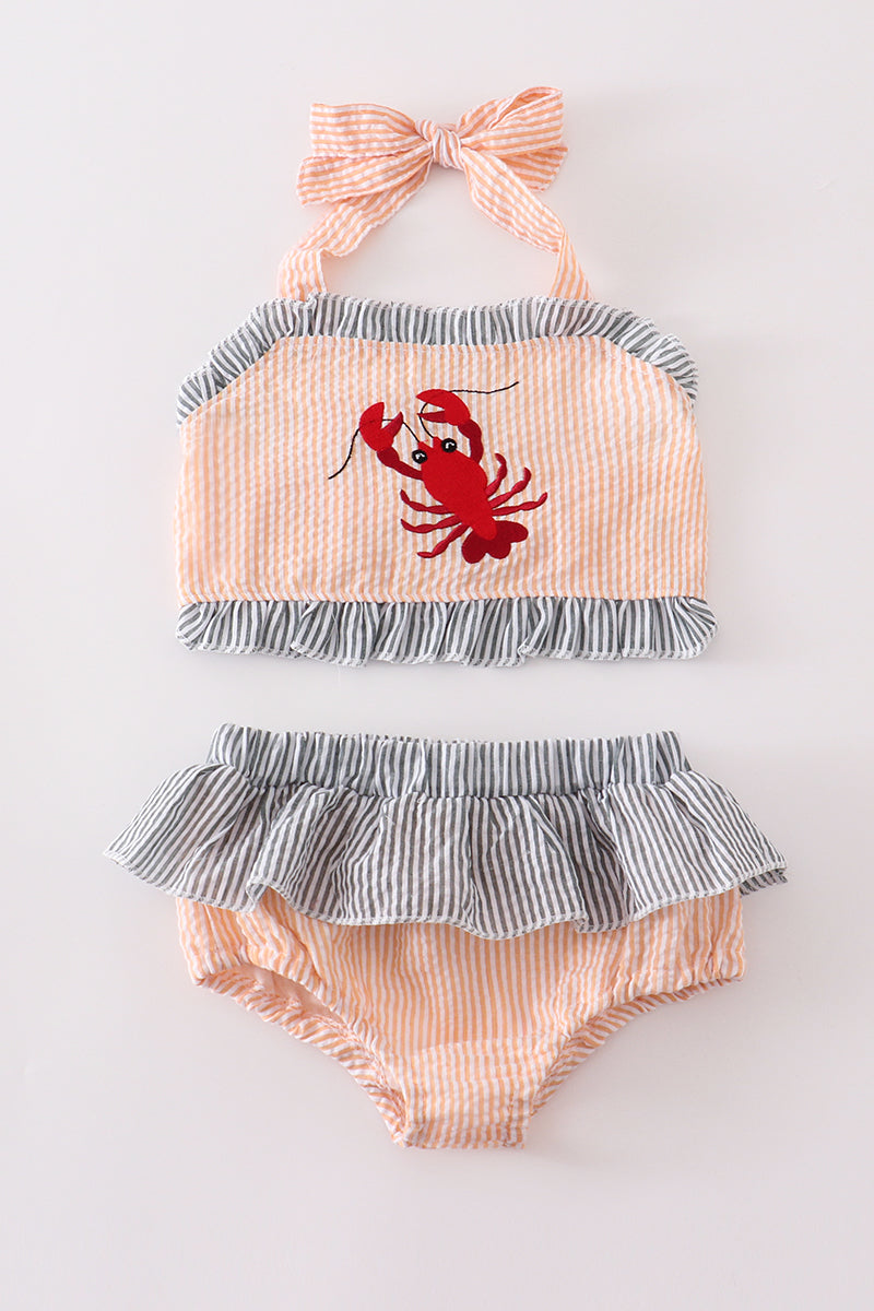 Gray and Coral seersucker lobster embroidery 2pc girl swimsuit