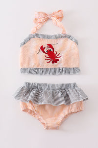 Gray and Coral seersucker lobster embroidery 2pc girl swimsuit