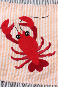 Gray and Coral seersucker lobster embroidery 2pc girl swimsuit