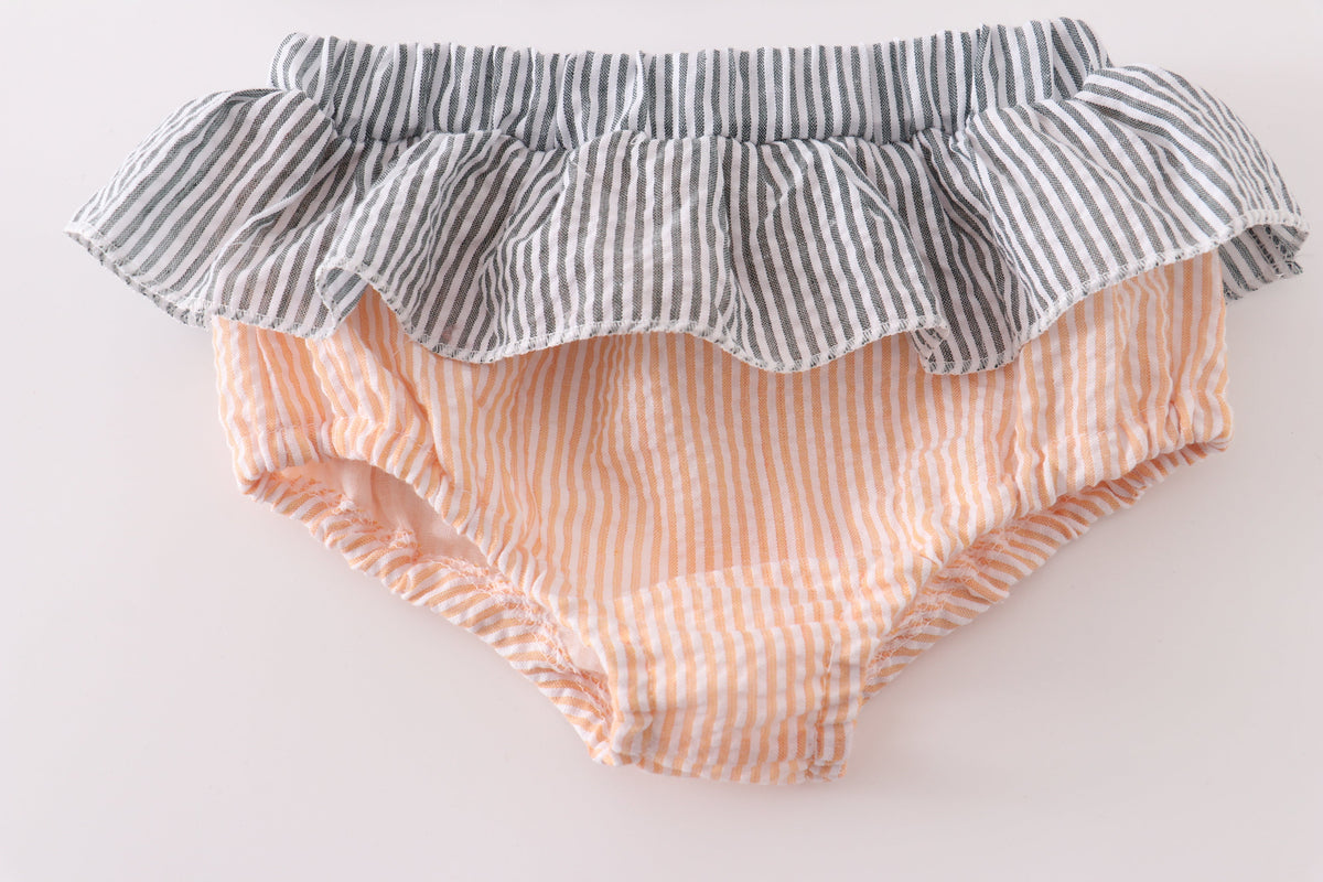 Gray and Coral seersucker lobster embroidery 2pc girl swimsuit