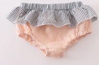 Gray and Coral seersucker lobster embroidery 2pc girl swimsuit