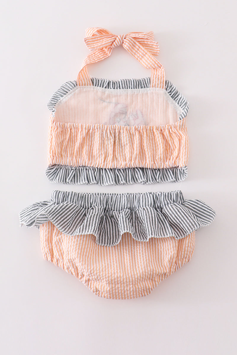 Gray and Coral seersucker lobster embroidery 2pc girl swimsuit