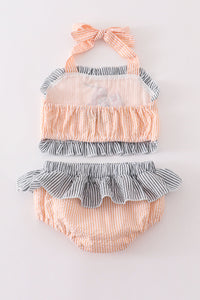 Gray and Coral seersucker lobster embroidery 2pc girl swimsuit