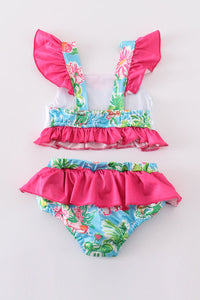 Pink floral character applique 2pc girl swimsuit