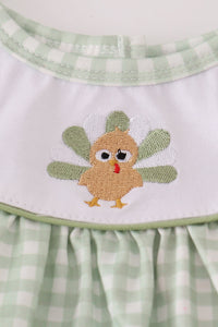 Sage turkey embroidery gingham dress