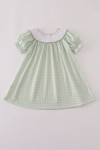 Sage turkey embroidery gingham dress