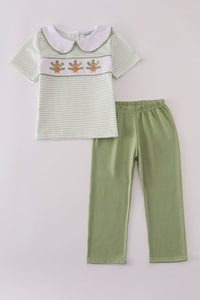 Sage turkey embroidery gingham pants set