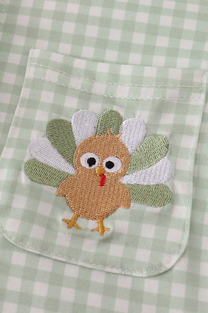 Sage turkey embroidery gingham button down shirt