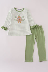 Sage turkey applique stripe pants set