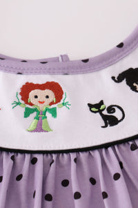 Purple Halloween dot witch embroidery pants set