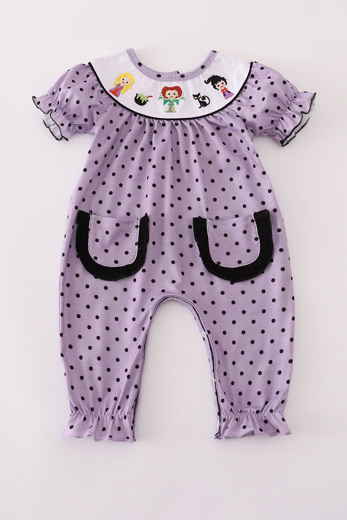 Purple Halloween dot witch embroidery romper