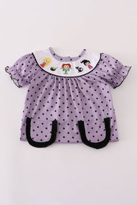Purple Halloween dot witch embroidery romper