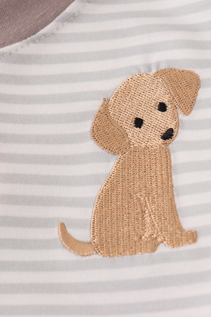 Grey puppy embroidery stripe top