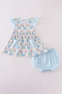 Blue hydrangea bow print ruffle bloomer set