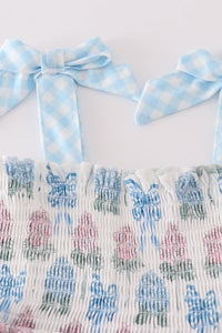 Blue hydrangea bow print ruffle bloomer set
