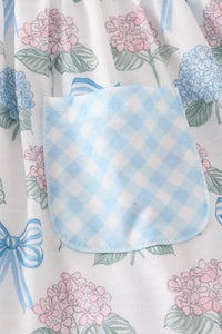 Blue hydrangea bow print ruffle bloomer set