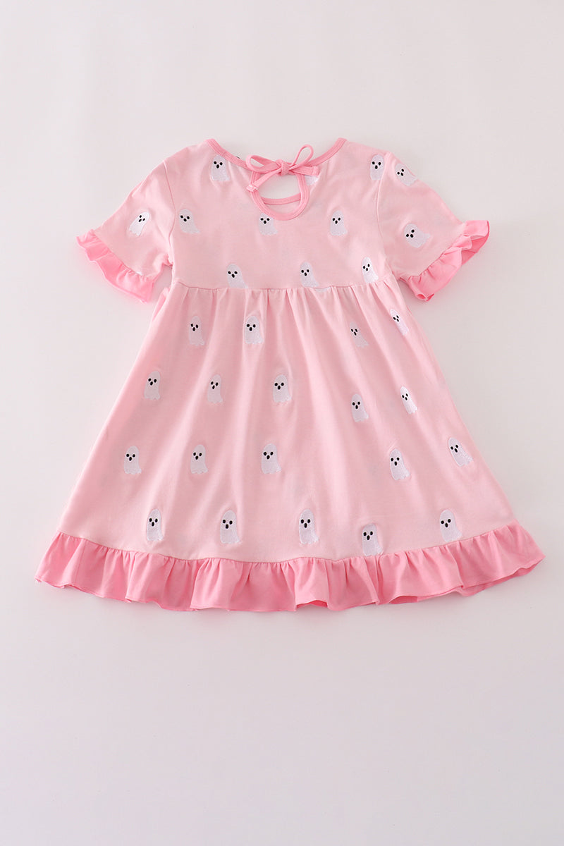Pink ghost embroidery ruffle dress