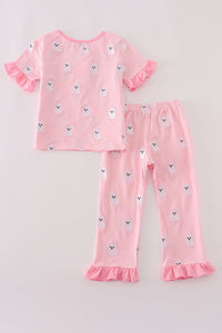 Pink ghost embroidery ruffle pajamas set