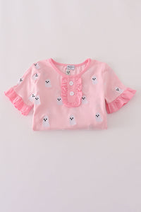 Pink ghost embroidery ruffle pajamas set