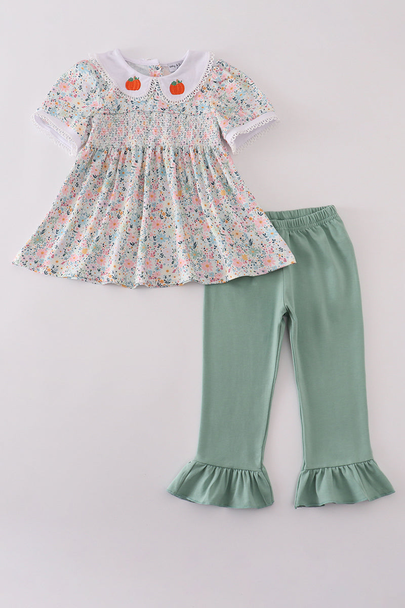 Green floral pumpkin embroidery smocked ruffle pants set