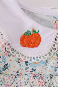 Green floral pumpkin embroidery smocked ruffle pants set