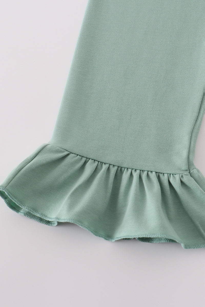 Green floral pumpkin embroidery smocked ruffle pants set