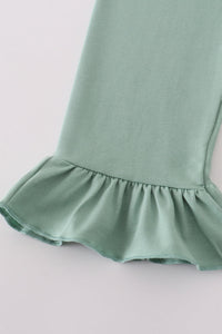 Green floral pumpkin embroidery smocked ruffle pants set