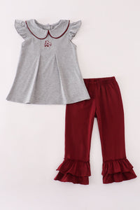 Maroon Mississippi embroidery ruffle pants set