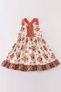 Platinum rust floral print  apron ruffle dress