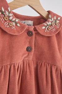 Rust floral embroidery velveteen girl dress