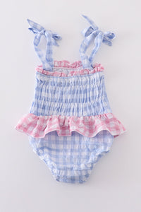 Blue seersucker gingham one-piece girl swimsuit