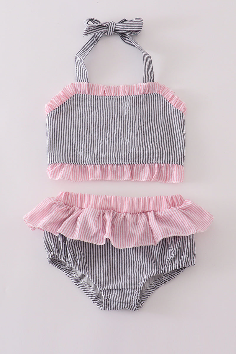 Pink and Gray Seersucker 2pc swimsuit
