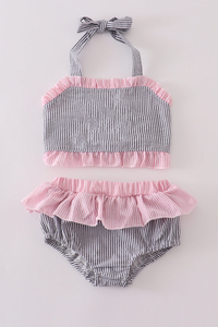 Pink and Gray Seersucker 2pc swimsuit