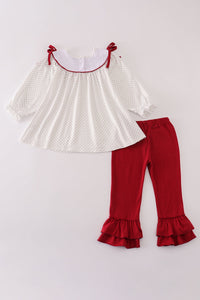 Maroon Alabama embroidery dot ruffle pants set