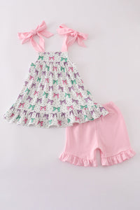 Pink bow embroidery ruffle shorts set