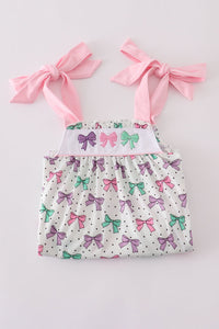 Pink bow embroidery ruffle shorts set