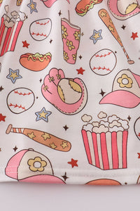 Pink baseball print gingham ruffle shorts set