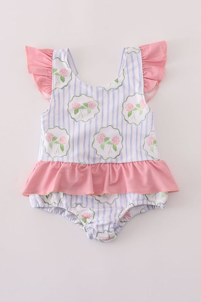 Floral stripe ruffle swimsuit UPF50+
