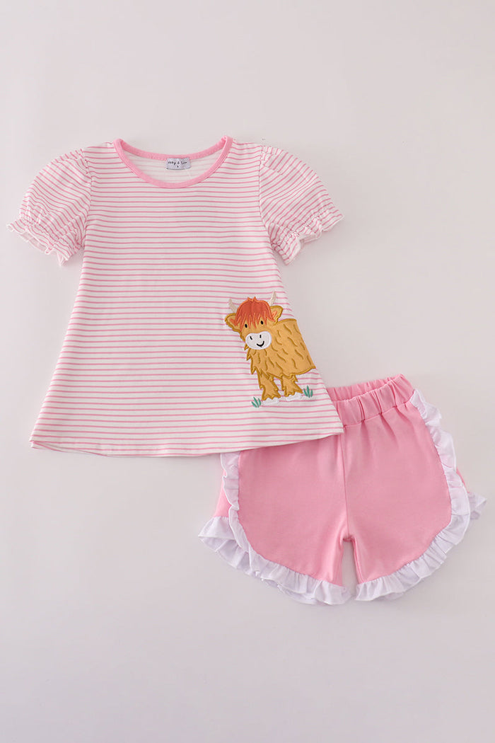 Pink stripe buffalo applique ruffle shorts set