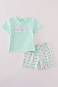 Green marine embroidery smocked shorts set