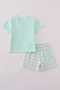Green marine embroidery smocked shorts set