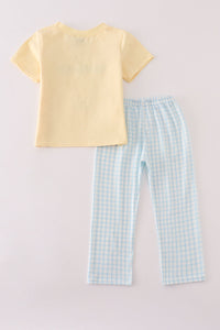 Yellow puppy embroidery gingham pants set