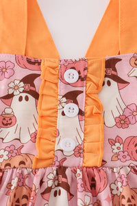 Pink pumpkin ghost print ruffle dress