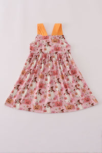 Pink pumpkin ghost print ruffle dress