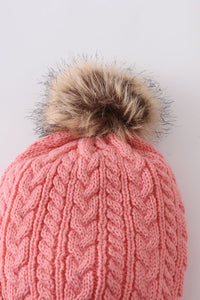 Bubblegum pink cable knit pom pom beanie hat baby toddler adult