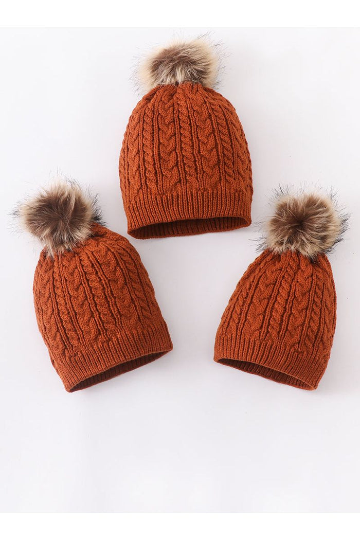 Rust cable knit pom pom beanie hat baby toddler adult