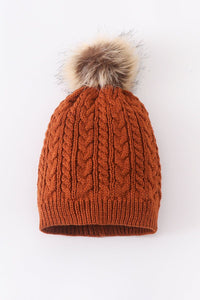 Rust cable knit pom pom beanie hat baby toddler adult