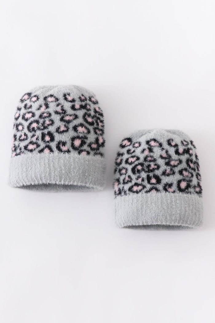 Grey leopard beanie hat toddler adult