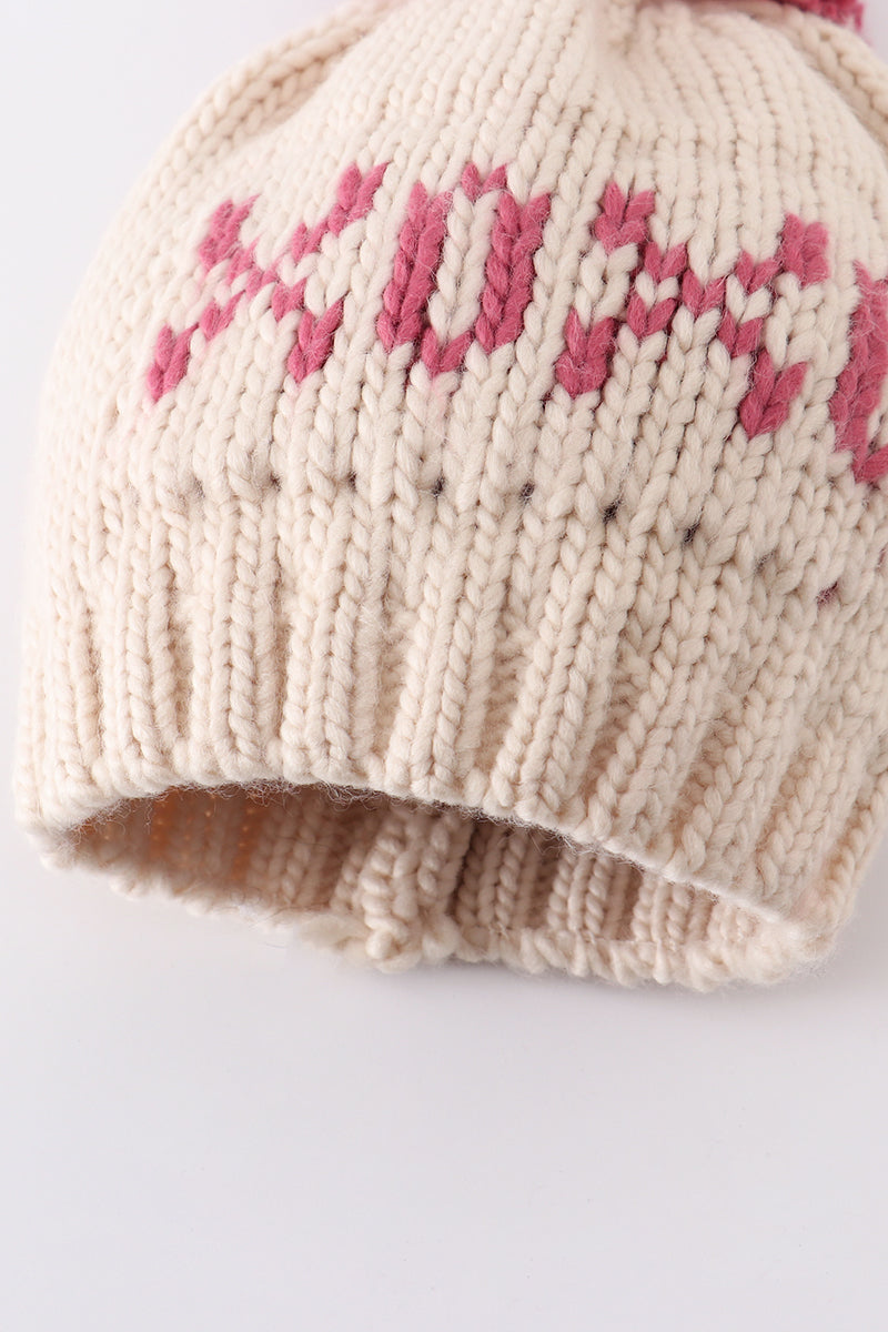 Cream XOXO knit beanie pom pom hat