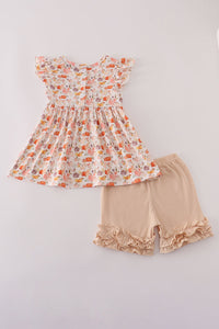 Beige french knot ruffle shorts set